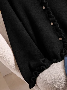 CosyJoli Áo cardigan len dệt kim phong cách vintage Pháp, viền bèo, màu trơn, cổ tròn, dáng rộng, tay dài, áo len mùa đông - màu đen - Xem 5