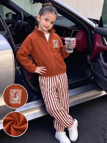 SHEIN 女童 2 件套，秋冬長袖拉鍊立領夾克 + 條紋慢跑褲，可愛卡通臘腸狗印花上衣，舒適休閒兒童服飾，適合學校、日常戶外穿著 - 棕色 - 查看 1
