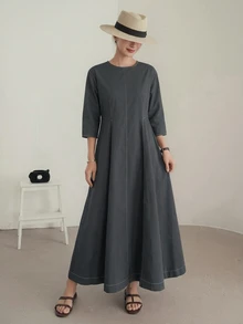Dazy-Less Women's Elegant Versatile Pleated Long Sleeve Dress - Grey - View 3
