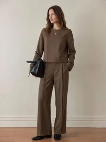 Dazy-Less Women's Solid Color Long Sleeve Top And Pants Casual Daily 2 Pieces Set - Coffee Brown - View 6