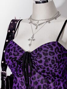 SHEIN ICON 女款大尺碼復古性感休閒千禧風 Y2K 龐克時尚個性玫瑰紅豹紋不對稱下擺抽褶綁帶背心 - 紫色 - 查看 4