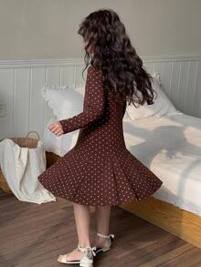 Dazy Kids Tween Girl Polka Dot Bowknot Design Long Sleeve Cinched Waist A-Line Dress Loungewear - Brown - View 1