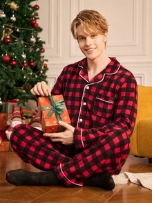 Notgurli Men's Red & Black Plaid 2 Pieces Pajama Set, Lapel Button-Up Long Sleeve Top & Long Pants, Loose Fit Loungewear For Autumn/Winter - Red - View 1
