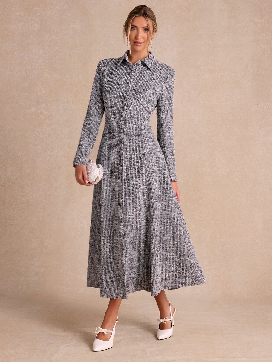 Enchnt Women's Vintage Button Long Sleeve Elegant Dress - Black and White - View 1