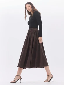 KÆRIA Hus Drawstring Waist Midi Skirt - Fluid Textured Lyocell - Chocolate - Transeasonal, Effortless Layering - Brown - View 4
