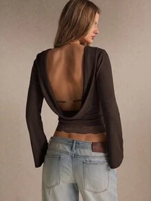 Poéselle Women's Ribbed Backless Top–Slim-Fit Boat-Neck Long-Sleeve Tee With Flared Cuffs, Lace-Trim Hem And Clasp-Strap Open Back Fall/Winter Going Out - Brown - View 5