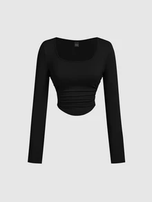 SHEIN MOD 3件組女款百褶休閒性感方領長袖T恤上衣套裝，保暖衣物，適合秋季日常外出與夜晚外出的上衣，黑色、深棕色、米色 - 酒紅色 - 查看 9