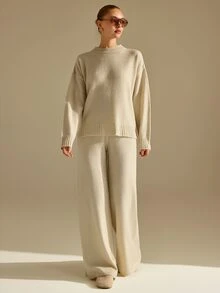 CLARA VERO Boucle Scarf Detail Knit Flare Set, Cozy Winter Out, Crew Neck, Removable Scarf, Flared Leg Pant - Pink - View 6