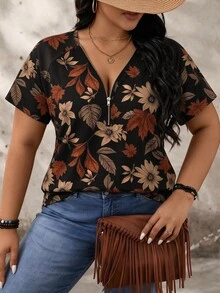 Comfylo Thanksgiving Teacher's Day Fallen Maple Leaf Pattern Plus Size Women's V-Neck Half-Zip Short Sleeve T-Shirt - Suitable For Commuting, Formal Occasions, Autumn/Winter New Arrival - Multicolor - View 4