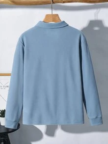SHEIN 兒童青少年男孩休閒運動拼接拼色藍色長袖 Polo 衫，基礎上衣，適合秋冬、聖誕節、萬聖節、校園穿著 - 藍色 - 查看 3