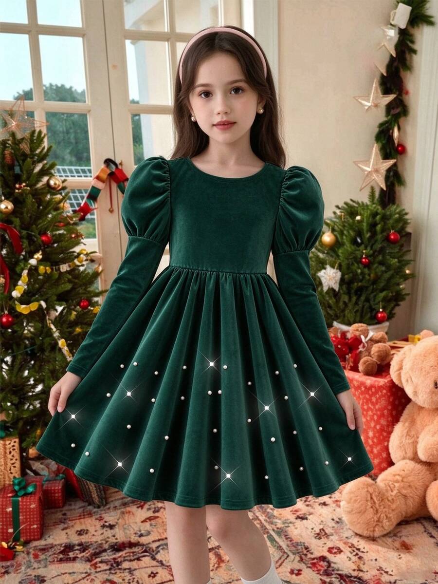 SHEIN Tween Girls Young Girls' Fashion Burgundy Velvet Beaded V-Neck Puff Sleeve Knit A-Line Mini Dress Spring, Autumn, Winter, Graduation, Elegant, Outfit - Dark Green - View 1