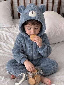 SHEIN 兒童小男孩休閒可愛熊刺繡圖案卡通帽款毛絨長袖長褲梭織連身褲，適合學校、花園、海灘、生日，春夏秋冬四季穿著 - 霧霾藍 - 查看 1