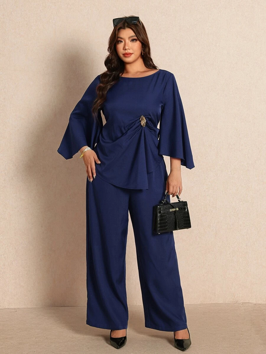 Elaquor Plus Size Metal Decor Shirt And Loose Pants 2 Pieces Set - Navy Blue - View 1
