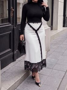 Lacomfia Rok Wanita Slim Fit Model Duyung dengan Desain Patchwork Renda, Serbaguna, Elegan, Warna Putih untuk Musim Gugur, Ukuran Plus - MultiWarna - View 4
