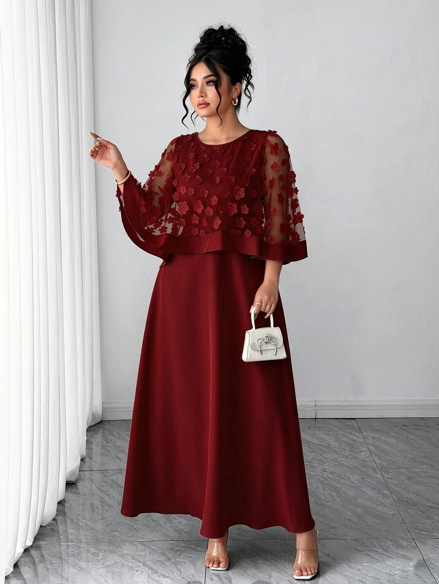 Elenzga Plus Size Women's Lace 3D Floral Decor Shawl Dress, Suitable For Autumn Wedding, Birthday Party And Other Events - Burgundy - View 1