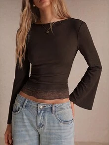Poéselle Women's Ribbed Backless Top–Slim-Fit Boat-Neck Long-Sleeve Tee With Flared Cuffs, Lace-Trim Hem And Clasp-Strap Open Back Fall/Winter Going Out - Brown - View 2