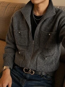 DAZY Spring/Autumn Dark Gray Pocket Cardigan For Men - Dark Grey - View 3