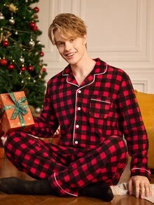Notgurli Men's Red & Black Plaid 2 Pieces Pajama Set, Lapel Button-Up Long Sleeve Top & Long Pants, Loose Fit Loungewear For Autumn/Winter - Red - View 7