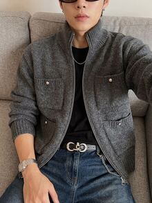 DAZY Spring/Autumn Dark Gray Pocket Cardigan For Men - Dark Grey - View 6