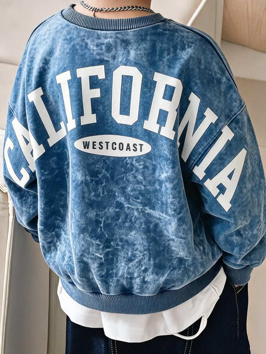青少年男孩數位印花 California English 圖案時尚休閒圓領長袖衛衣上衣 - 彩色 - 查看 1