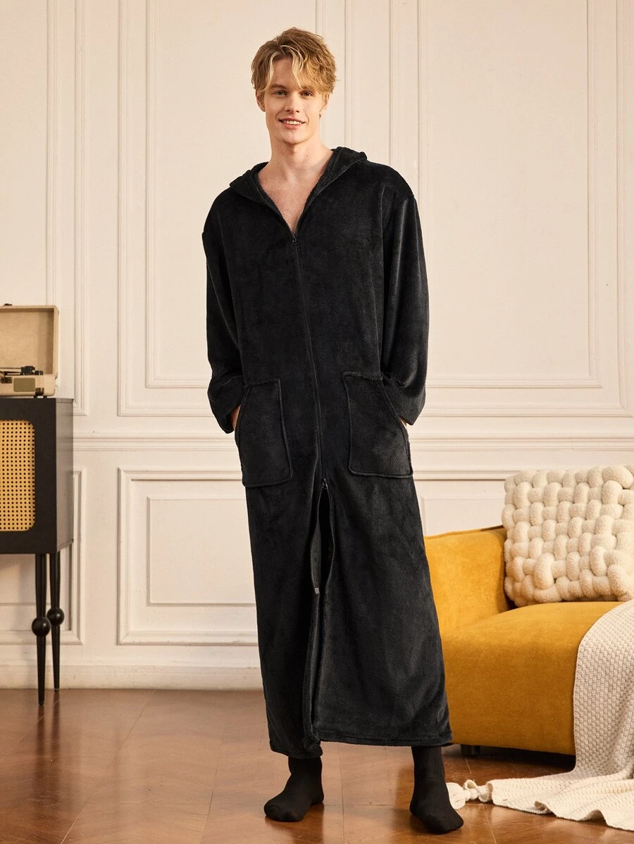 Provexi Provexi Men's Flannel Hooded Robe, Long Zip-Up Loose Fit Loungewear Pajama Jacket, Autumn/Winter - Black - View 1