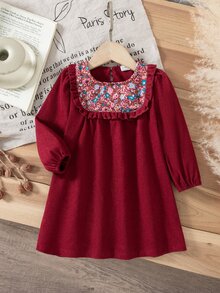 Infant & Baby GirlFloral Patchwork Frill Trim Corduroy Long Sleeve Dress, Burgundy A-Line Princess Dress - Burgundy - View 4