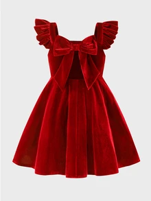 SHEIN 女童深酒紅色休閒純色洋裝 - 紅色 - 查看 5