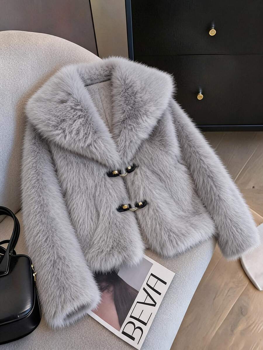 SHEIN Women's Solid Color Fashion Versatile Winter Faux Fur Short Jacket - Grey - View 1