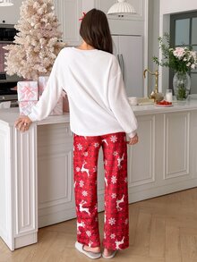 SweetSlumber Sweet INS Cute Christmas Reindeer Plaid Snowflake Print Plush Women's Pajama Set - Multicolor - View 4