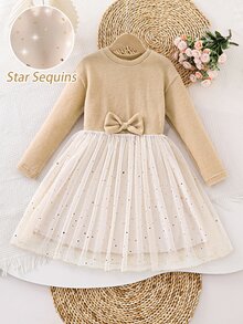 幼女長袖針織蝴蝶結亮片星星薄紗公主洋裝 可愛聖誕生日派對節日服飾 幼兒女童 4-7歲 - 彩色 - 查看 4