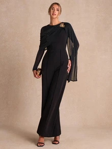 Enchnt Women's Metal Decor Pleated Jumpsuit Evening Wear - Black - View 3