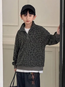 Dazy Kids 青少年男孩休閒寬鬆豹紋 Polo 領運動衫，秋季 - 深灰色 - 查看 4