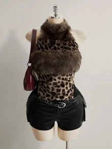 SHEIN ICON Women's Plus Size Leopard Print Patchwork Faux Fur Halter Top - Brown - View 4