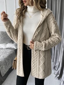 SHEIN Clasi 大尺碼女款純色長袖連帽開襟外套，秋冬款 - 駝色 - 查看 12