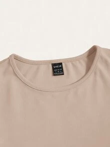 SHEIN BASICS 女款純色圓領短版上衣 黑色上衣 秋季女裝 日常簡約極簡風 - 卡其色 - 查看 4