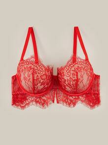 Bralution Bright Red Underwire Molded Cup Push-Up Lift Bra With Eyelash Lace, Elegant Plus Size - Red - View 1