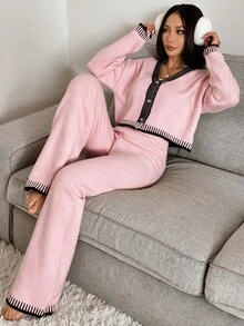 CovetEZ 2件組女款純色拼接前扣長袖休閒毛衣與長褲套裝，秋季女裝 - 淺粉色 - 查看 4