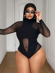 Maweii Women's Plus Size Sexy Fishnet Solid Color Bodysuit - Black - View 5