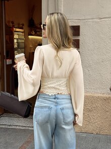 Serisse Women's Lace Deep V-Neck Bell Sleeve Blouse - Beige - View 2