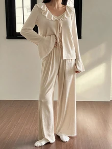 DAZY 3pcs Lace Patchwork Cardigan Long Sleeve Top & Straight Leg Long Pajama Pants Set, Women's Autumn Sleepwear Outfit - Beige - View 5