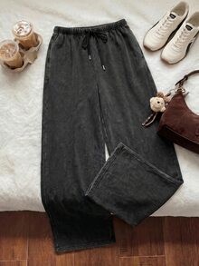 Comfortcana Plus Size Vintage Cargo Style Style Loose Washed Drawstring Black Casual Sports Pants, Suitable For All Seasons, Perfect For Birthday Parties, Vacations And Autumn Outfits - Black - View 2