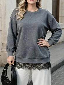 Seusyu Damers ny långärmad sweatshirttopp i plus size med spetspatchwork, lös passform, bekväm och mångsidig för vardagsbruk, höst/vinter - Grå - Visa 4