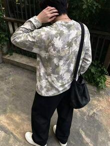 Manfinity Dauomo 男士葉片印花圓領長袖休閒街頭風T恤 生日海灘灰色迷彩款 秋季 - 黑色 - 查看 2