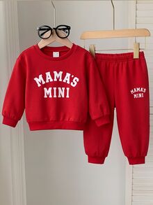 SHEIN 男嬰春夏休閒運動衫套裝，純色印字款 - 紅色 - 查看 7