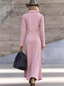Wandoria Women's Solid Color V-Neck Double-Breasted Cape Dress, Waist-Cinching A-Line Mini Skirt - Pink - View 2