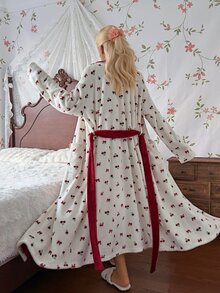 CottageSlumber Fresh Cherry Bow Print Lapel Plush Robe Pajamas Women's Long Sleeve Loungewear Spring Autumn - Burgundy - View 2