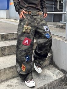 STEELVANCE 男士街頭風復古時尚拼接字母刺繡迷彩寬鬆直筒牛仔褲（不含腰帶） - 彩色 - 查看 6