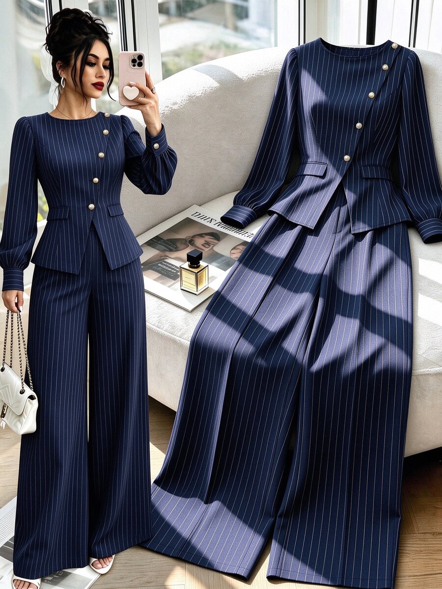 GlowEve New Women's Elegant Commute Blue Striped Button Design Top + Wide Leg Long Pants 2 Pieces Set - Navy Blue - View 1