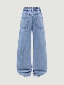 Tween Girl New Casual Fashion Minimalist Versatile All-Season Medium Blue Washed Denim Classic 5-Pocket Straight Leg Wide Leg Jeans With Faux Embroidery Rabbit Digital Print Design, Cotton Soft Loose Fit, Suitable For Daily Wear And Vacation - Medium Wash - View 2