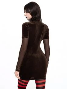 ROMWE Anime 女性用動漫萬聖節 Cosplay 裝扮服裝，天鵝絨對比色網紗袖緊身彈性迷你洋裝，秋冬款 - 棕色 - 查看 6